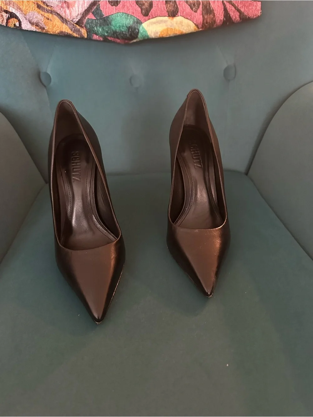 SCHUTZ Filipa Black Leather Pointed Pump with Gold Wedge Heel